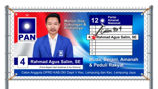 Desain spanduk calon legislatif Partai Amanat Nasional Rahmad Agus Salim, SE untuk DPRD Kabupaten OKI dengan tata letak visual kampanye yang profesional.