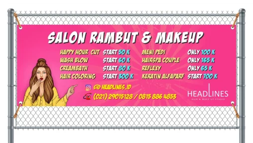 Desain spanduk salon rambut dan makeup Headlines Jakarta dengan tata letak visual promosi feminin yang cerah dan profesional.