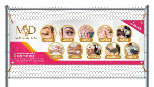 Desain spanduk MSD Beauty Studio Palembang dengan tata letak visual promosi perawatan kecantikan yang elegan dan profesional.