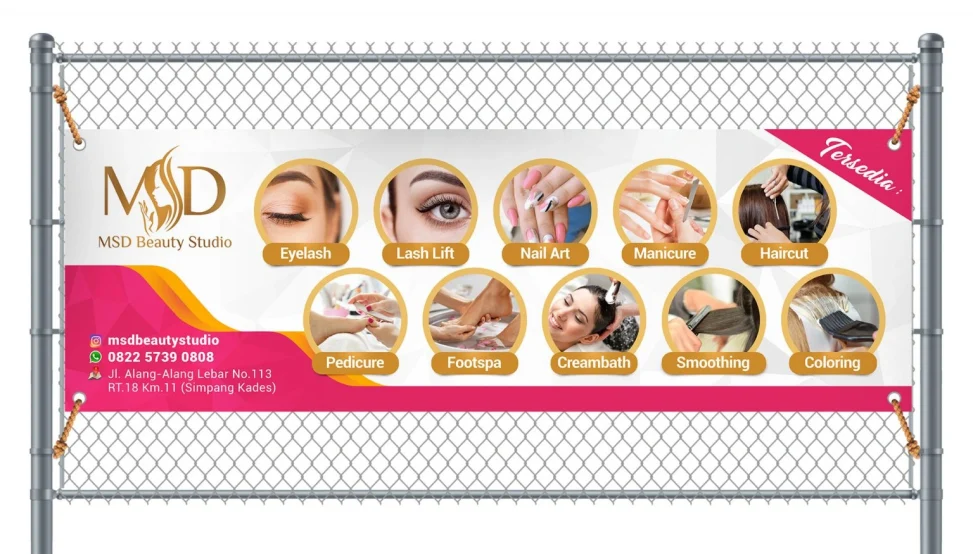 Desain spanduk MSD Beauty Studio Palembang dengan tata letak visual promosi perawatan kecantikan yang elegan dan profesional.