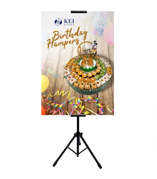 Desain standing banner Birthday Hampers Kei Sushi Bekasi dengan tata letak visual promosi hantaran ulang tahun yang elegan dan profesional.