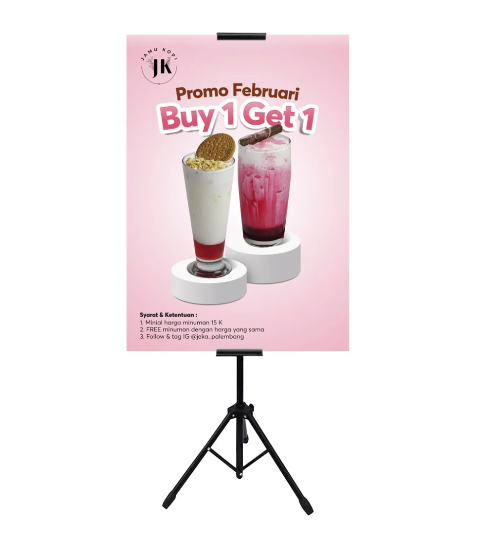 Desain standing banner Promo Februari Buy 1 Get 1 Jamu Kopi Palembang menampilkan penawaran spesial minuman dengan syarat dan ketentuan lengkap.