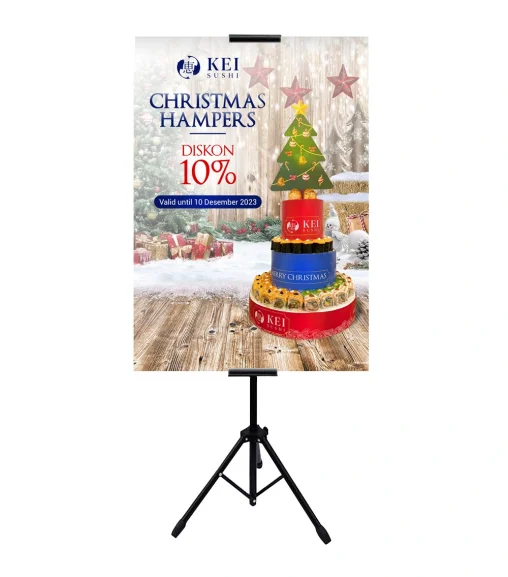 Desain standing banner Christmas Hampers Kei Sushi Bekasi dengan tata letak visual promosi liburan akhir tahun yang elegan dan profesional.