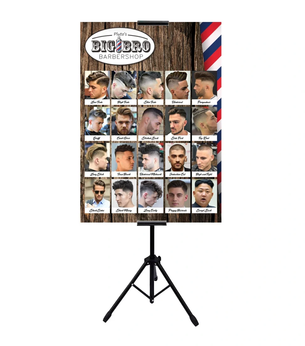 Desain standing banner katalog gaya rambut Plutos Bigbro Barbershop Palembang menampilkan referensi potongan rambut pria lengkap dalam tata letak grid profesional.