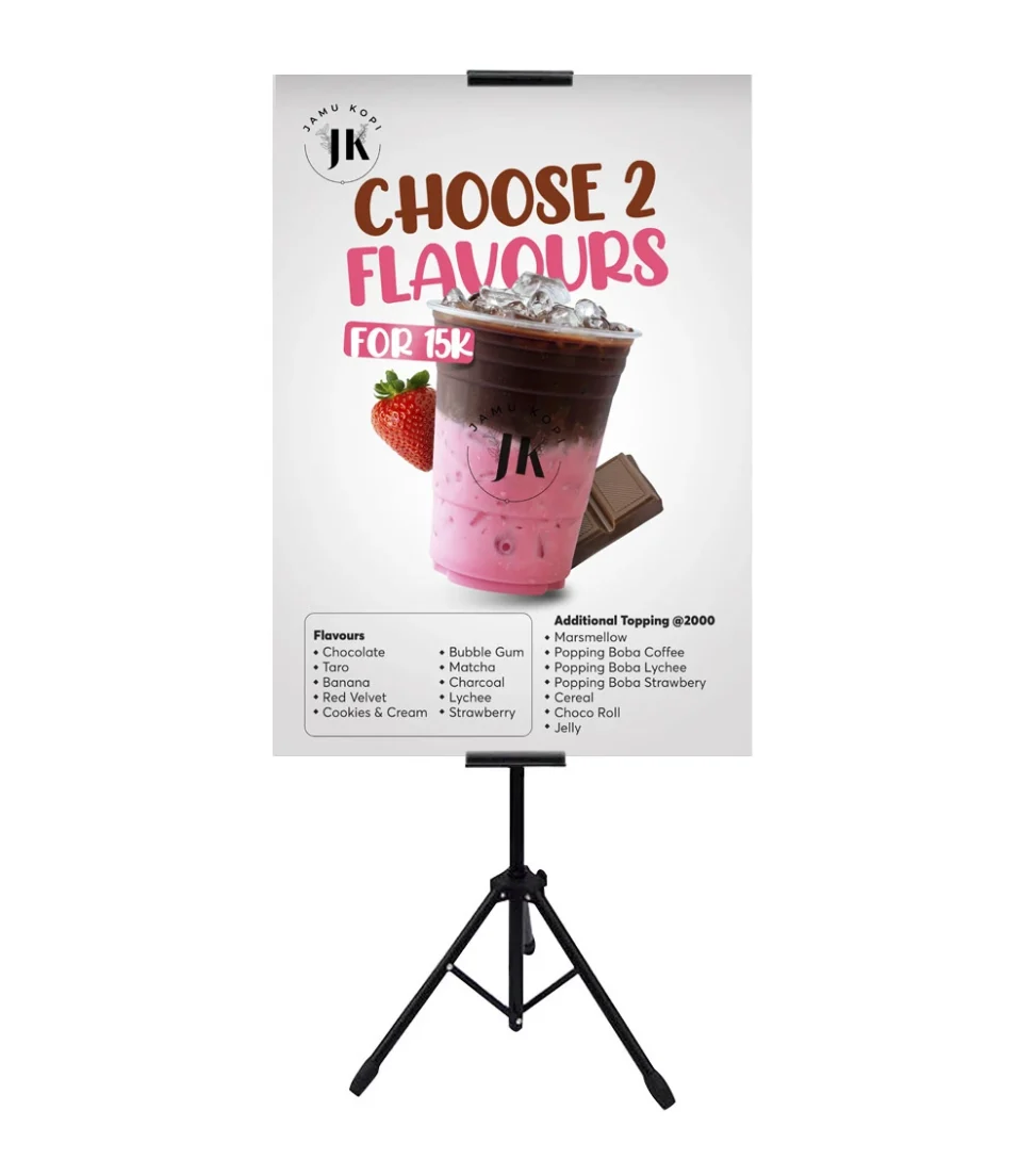 Desain standing banner menu baru Jamu Kopi Palembang menampilkan penawaran choose 2 flavours for 15k dengan daftar lengkap varian rasa dan tambahan topping.