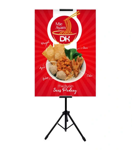 Desain standing banner Mie Ayam DK Palembang menampilkan menu Mie Ayam Saus Padang dengan detail isian lengkap dan tata letak visual F&B yang profesional.