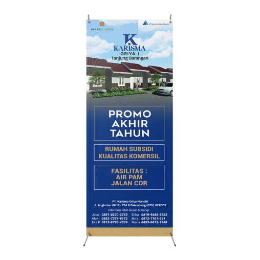 Desain x banner perumahan Karisma Griya 1 Tanjung Barangan Palembang menampilkan promo akhir tahun rumah subsidi kualitas komersial dengan direktori kontak lengkap.