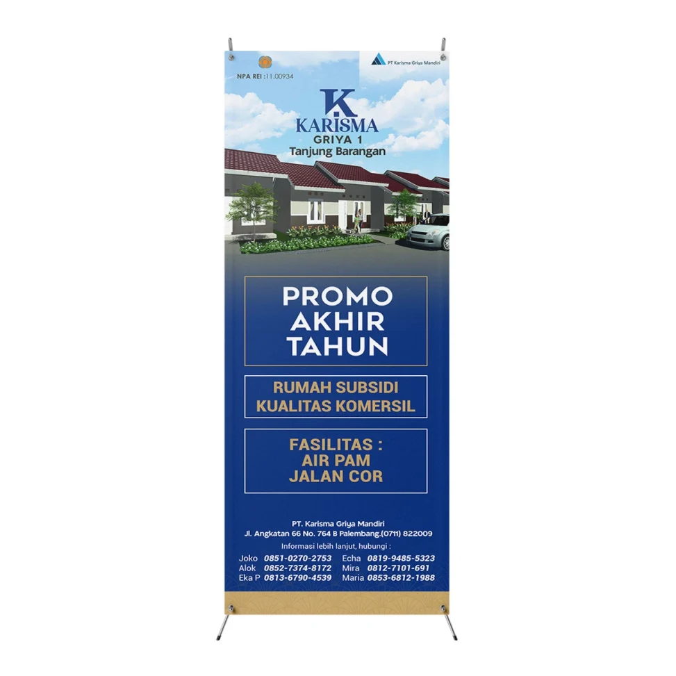Desain x banner perumahan Karisma Griya 1 Tanjung Barangan Palembang menampilkan promo akhir tahun rumah subsidi kualitas komersial dengan direktori kontak lengkap.