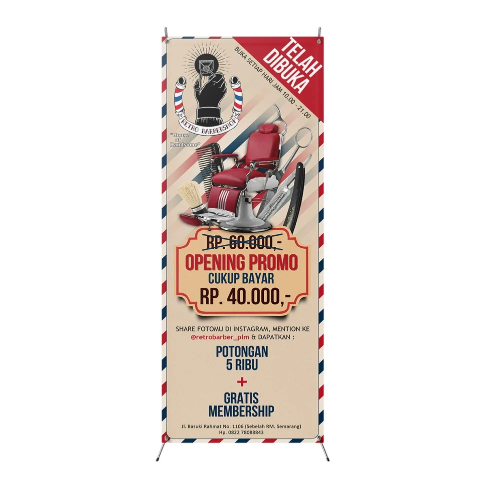 Desain x banner Retro Barbershop Palembang menampilkan promo pembukaan cukur rambut Rp 40.000 dengan tata letak visual vintage yang elegan.